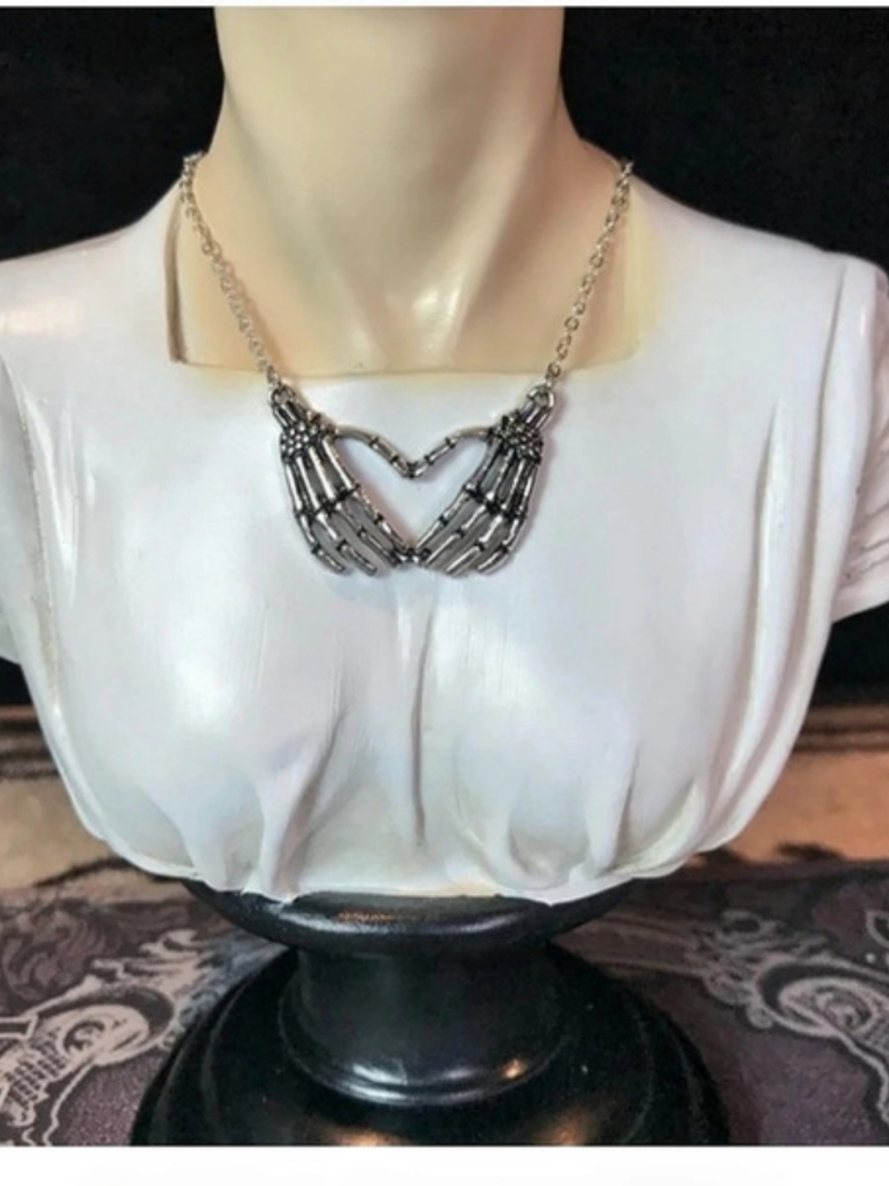 Goth Skeleton Hand Necklace Statement Silver & Black Like New